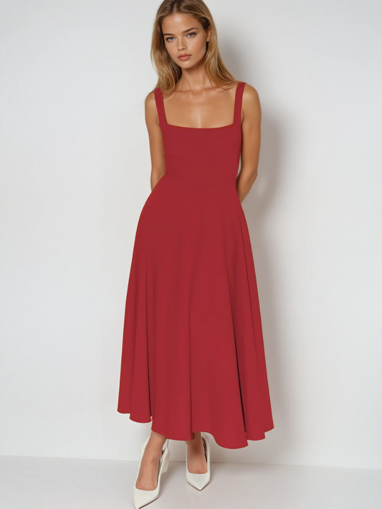 Robe midi évasée décolleté carré rouge pour femme