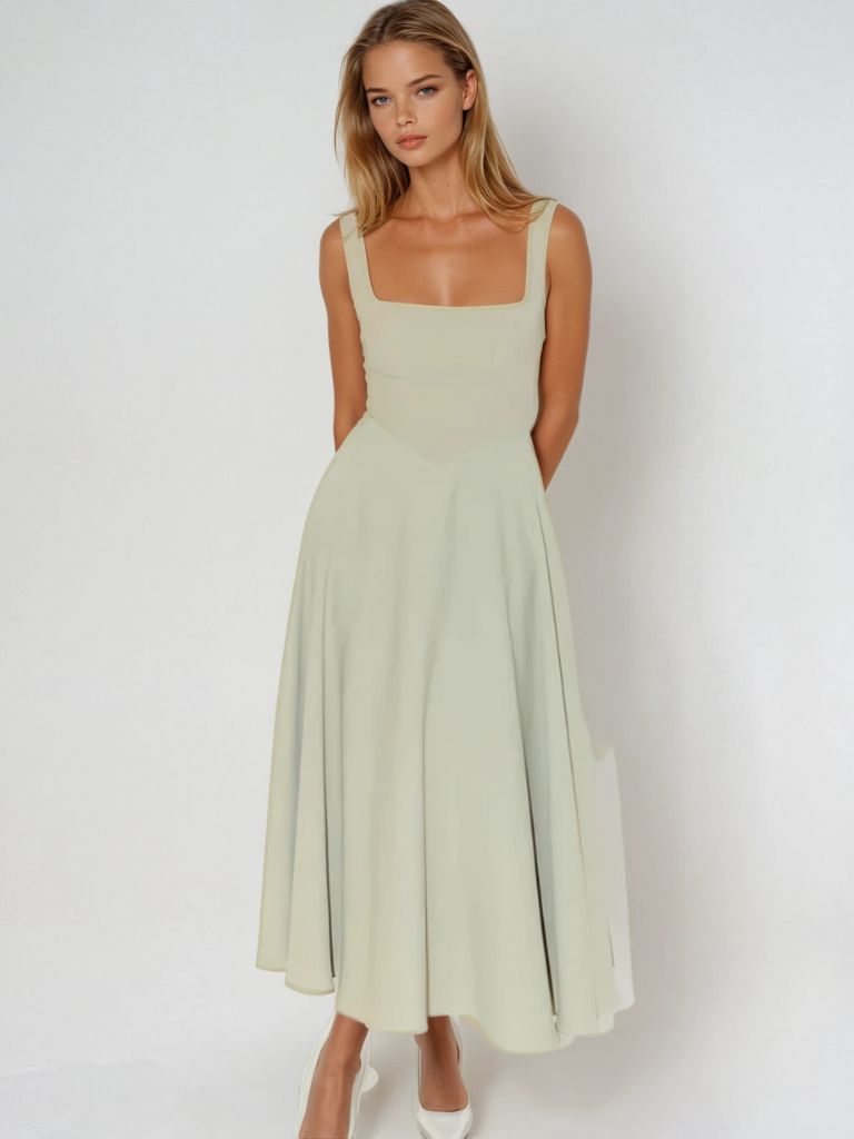 Robe midi évasée décolleté carré vert clair pour femme