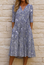 Robe midi fluide col V motif graphique bleu pour femme
