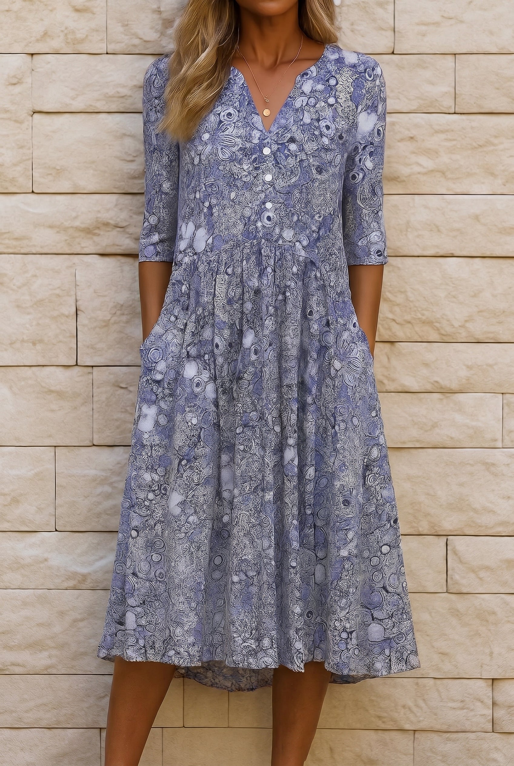 Robe midi fluide col V motif graphique bleu pour femme