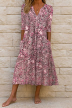 Robe midi fluide col V motif graphique rose pour femme