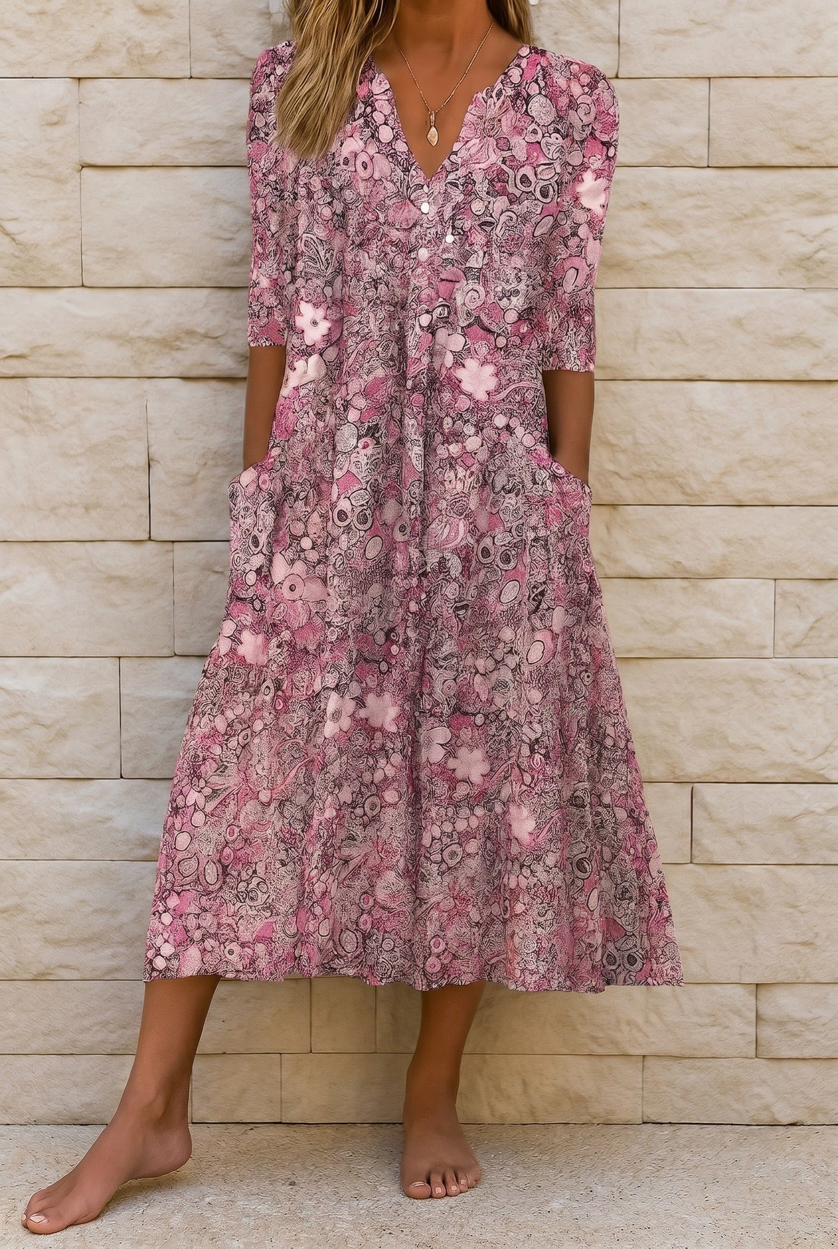Robe midi fluide col V motif graphique rose pour femme