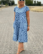 Robe midi motif abstrait à manches courtes pour femme