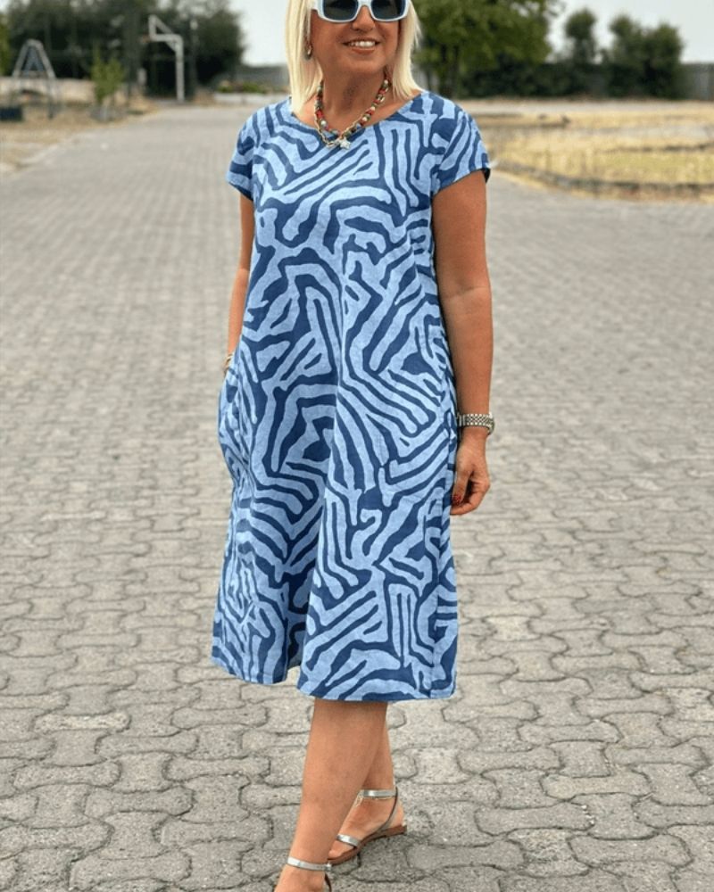 Robe midi motif abstrait à manches courtes pour femme