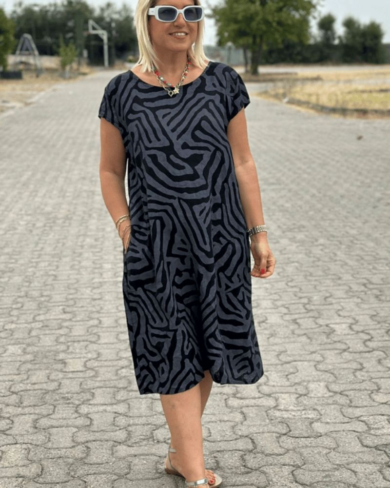 Robe midi motif abstrait à manches courtes pour femme