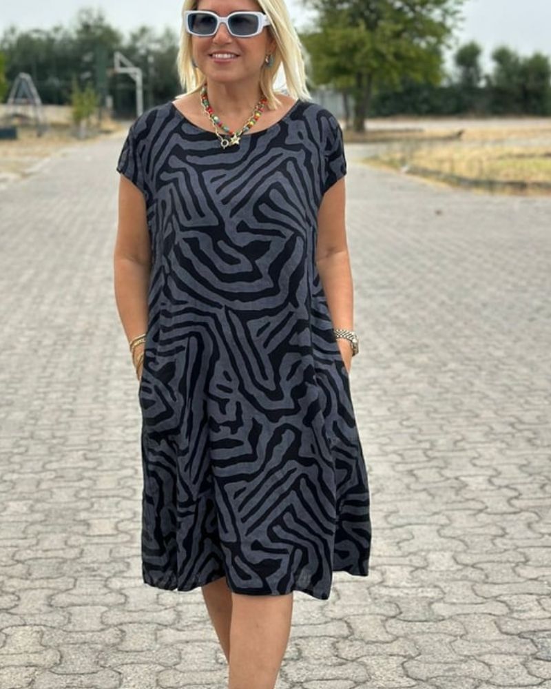 Robe midi motif abstrait à manches courtes pour femme
