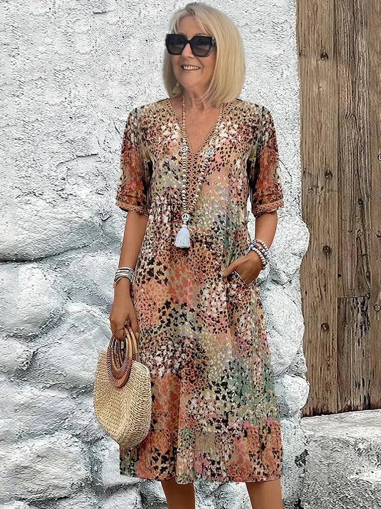 Robe midi fleurie à col V et manches courtes pour femme