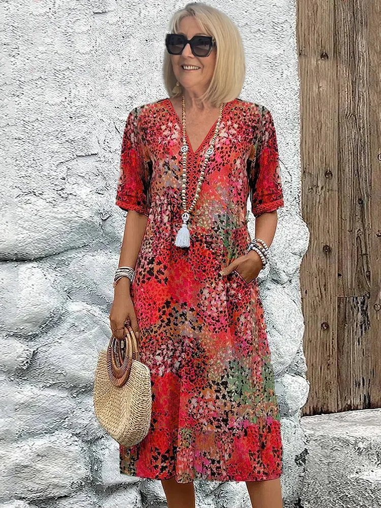 Robe midi fleurie à col V et manches courtes pour femme