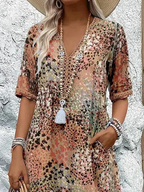Robe midi fleurie à col V et manches courtes pour femme