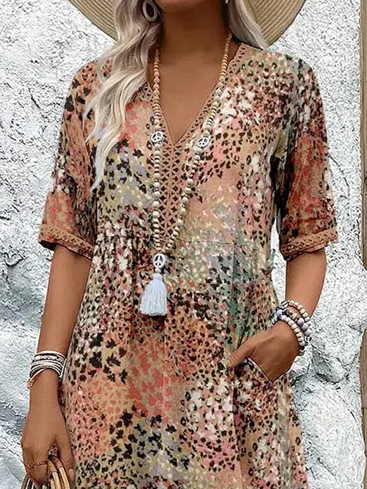 Robe midi fleurie à col V et manches courtes pour femme