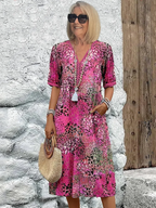 Robe midi fleurie à col V et manches courtes pour femme