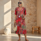 Robe midi fleurie à col V et manches courtes pour femme