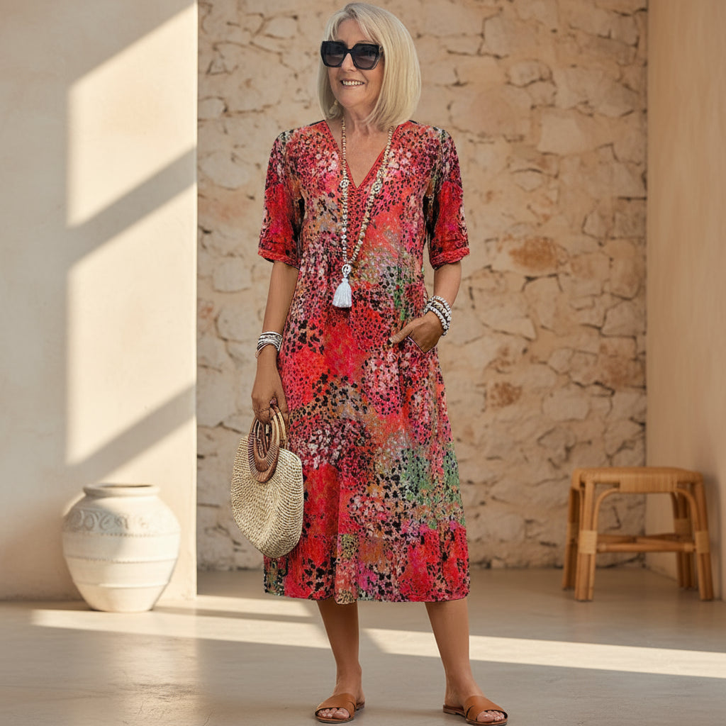 Robe midi fleurie à col V et manches courtes pour femme