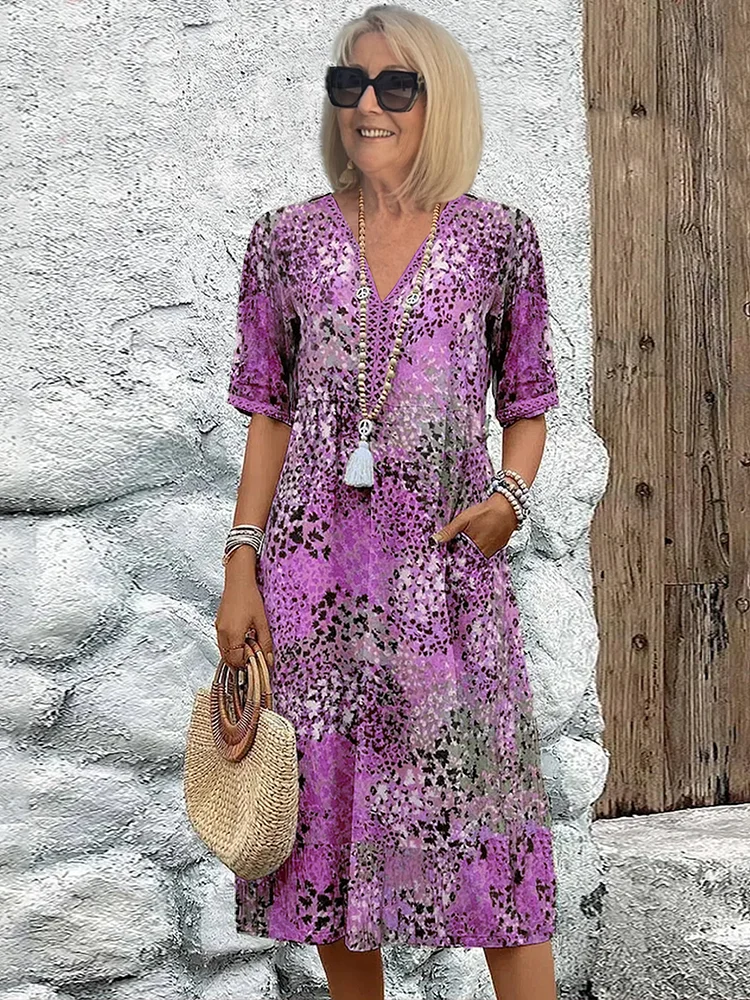 Robe midi fleurie à col V et manches courtes pour femme