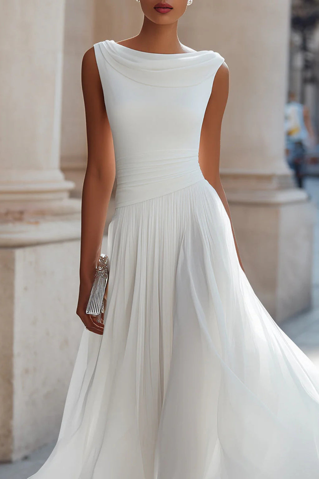Robe midi plissée sans manches col bénitier pour femme