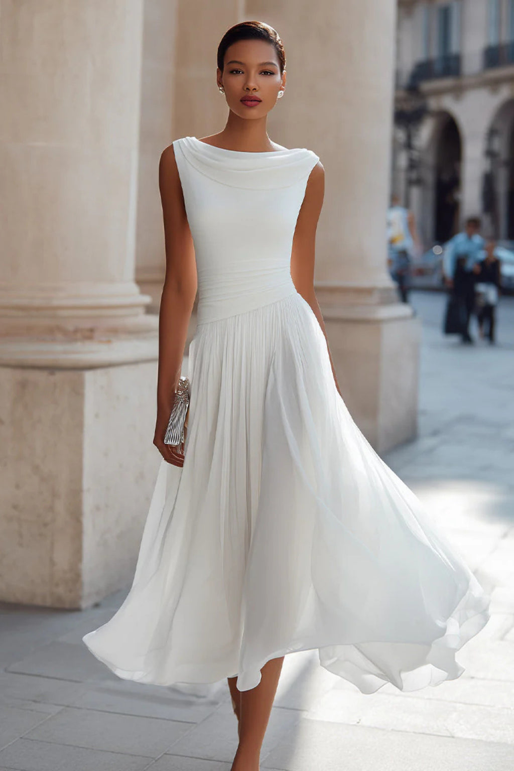 Robe midi plissée sans manches col bénitier pour femme