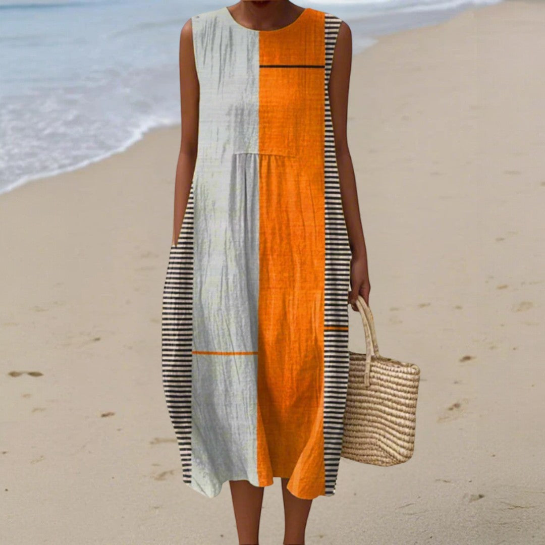 Robe midi sans manches imprimé floral blocs orange pour femme