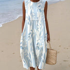 Robe midi sans manches imprimé floral feuillage bleu pour femme
