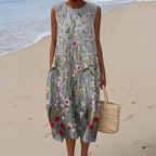 Robe midi sans manches imprimé floral fleurs des champs pour femme