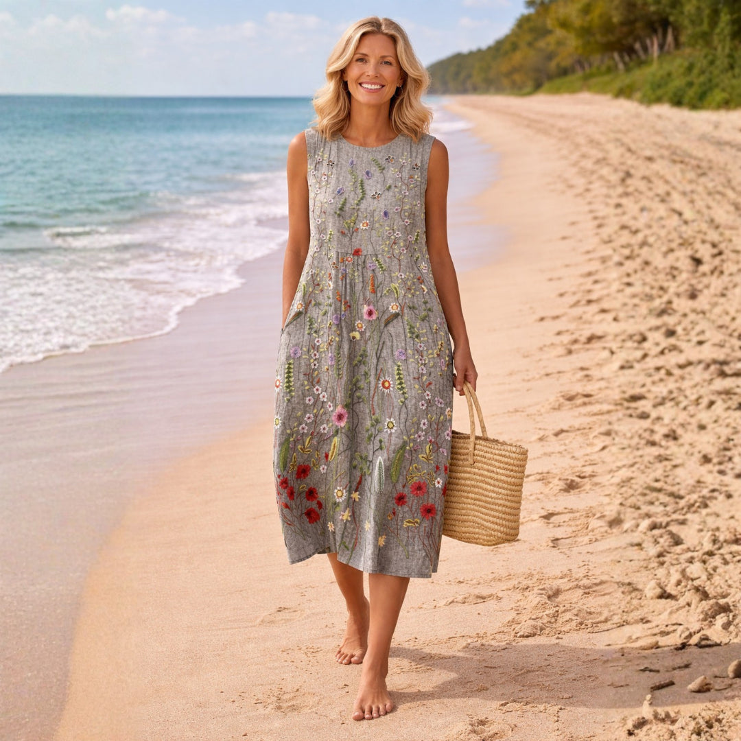 Robe midi sans manches imprimé floral fleurs des champs pour femme – vue 2