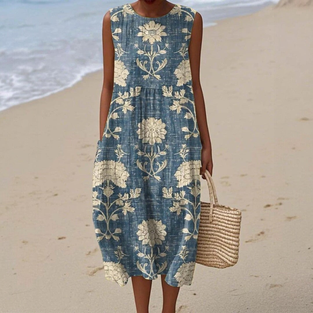 Robe midi sans manches imprimé floral fleurs indigo pour femme