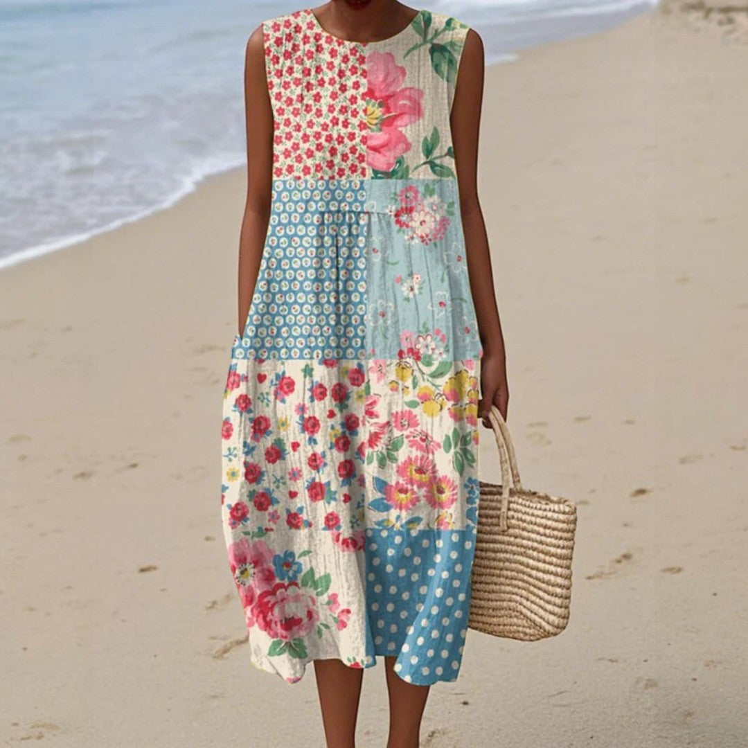 Robe midi sans manches imprimé floral patchwork fleuri pour femme