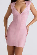 Robe mini moulante bandage col V sans manches pour femme