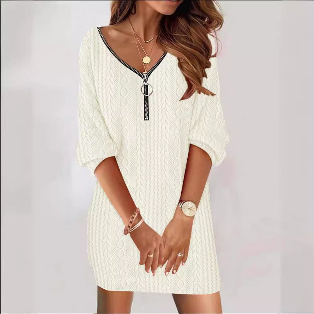 Robe tricot torsadée col V zippé pour femme – vue 3