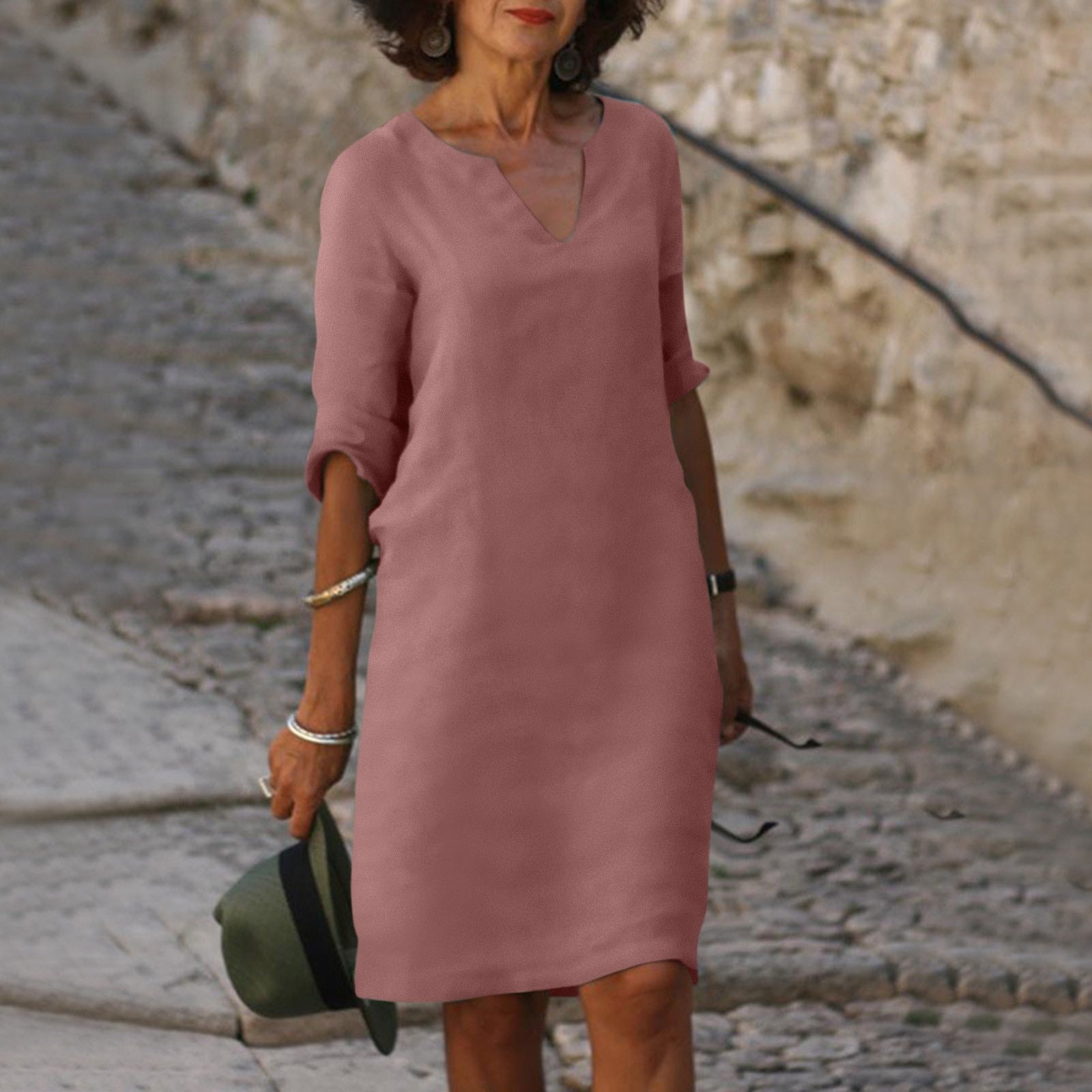 Robe tunique col V manches 3/4 pour femme