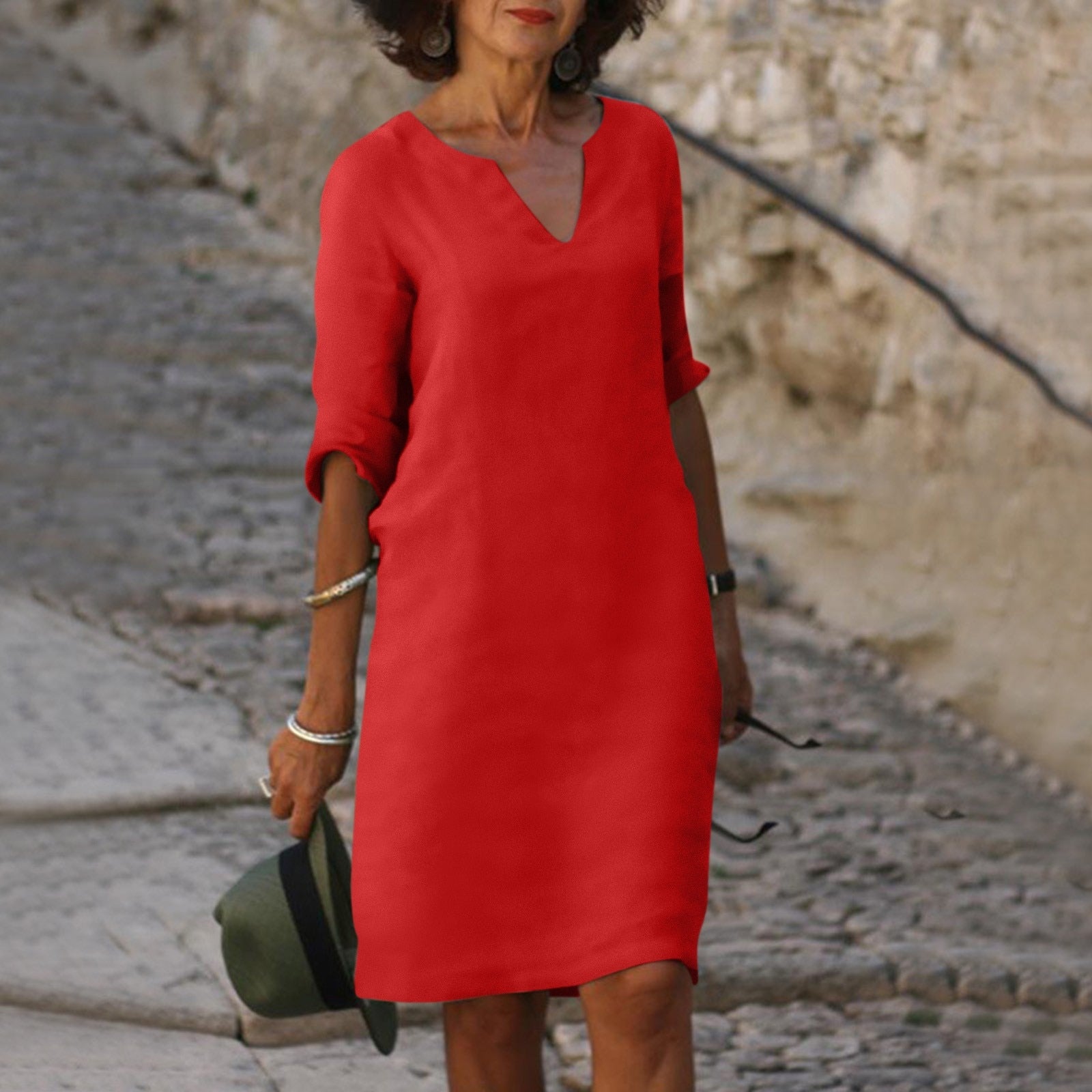 Robe tunique col V manches 3/4 pour femme