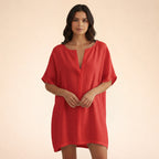 Robe tunique mi-longue en coton léger col V pour femme