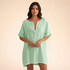 Robe tunique mi-longue en coton léger col V pour femme