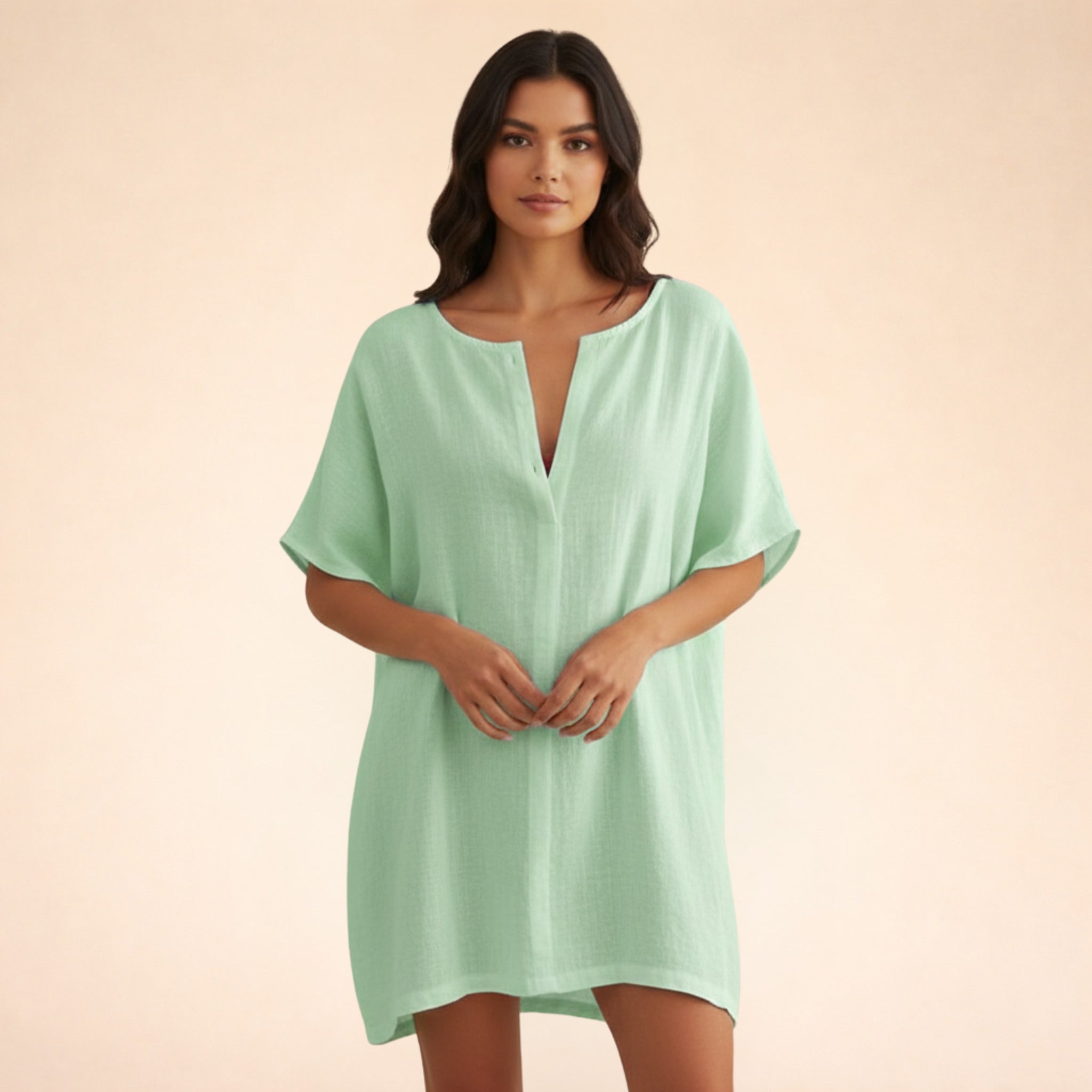 Robe tunique mi-longue en coton léger col V pour femme