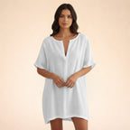 Robe tunique mi-longue en coton léger col V pour femme
