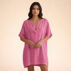 Robe tunique mi-longue en coton léger col V pour femme