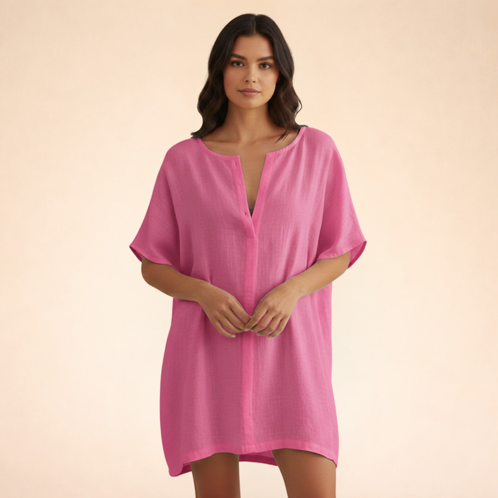 Robe tunique mi-longue en coton léger col V pour femme