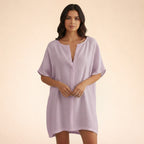 Robe tunique mi-longue en coton léger col V pour femme