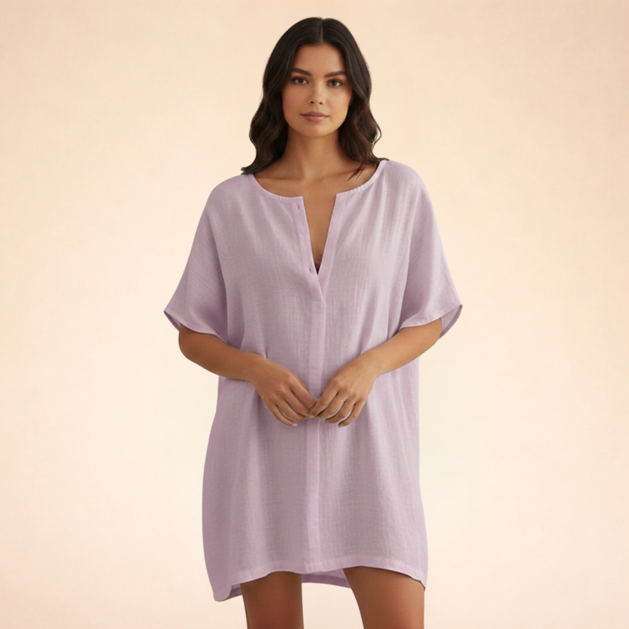 Robe tunique mi-longue en coton léger col V pour femme