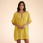 Robe tunique mi-longue en coton léger col V pour femme