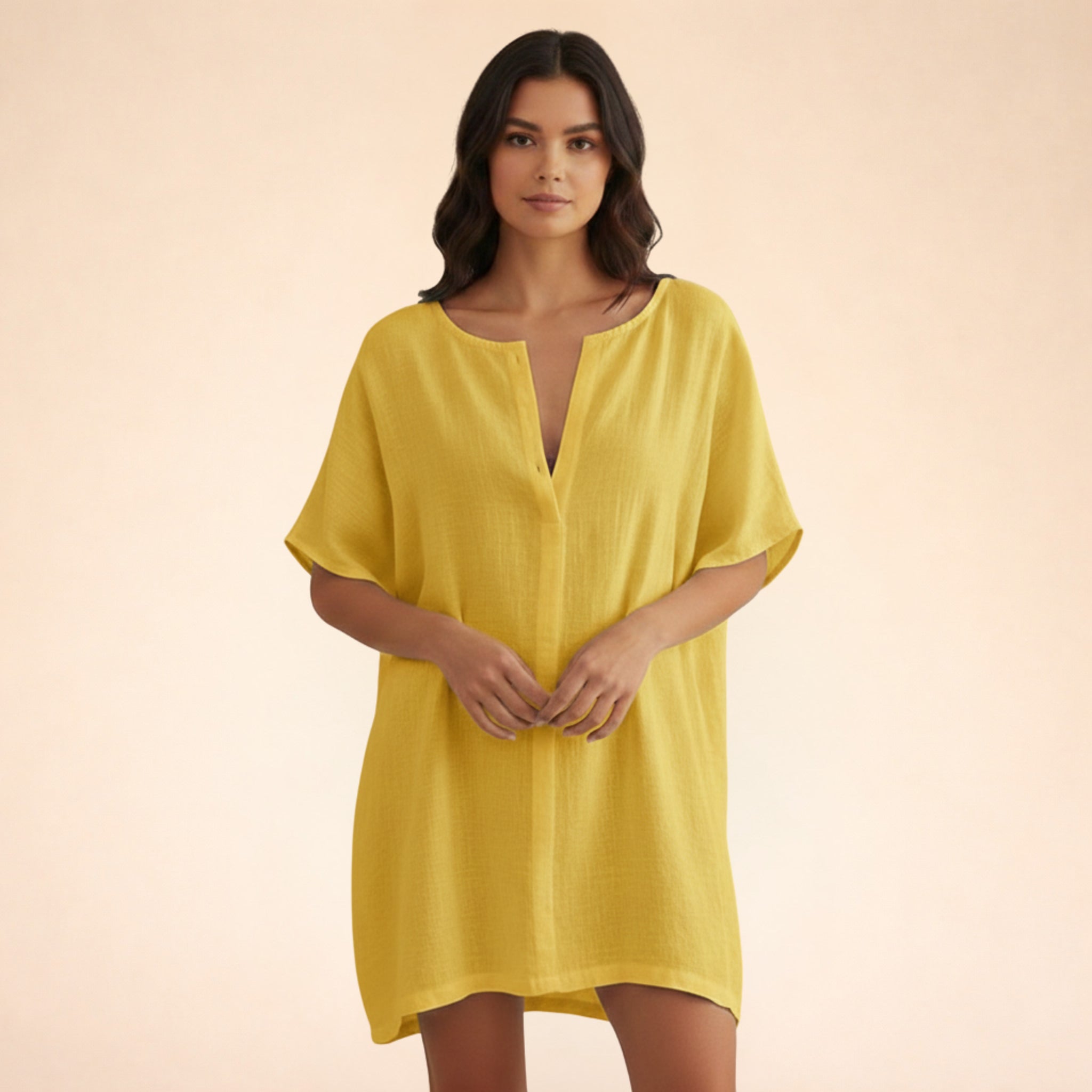 Robe tunique mi-longue en coton léger col V pour femme