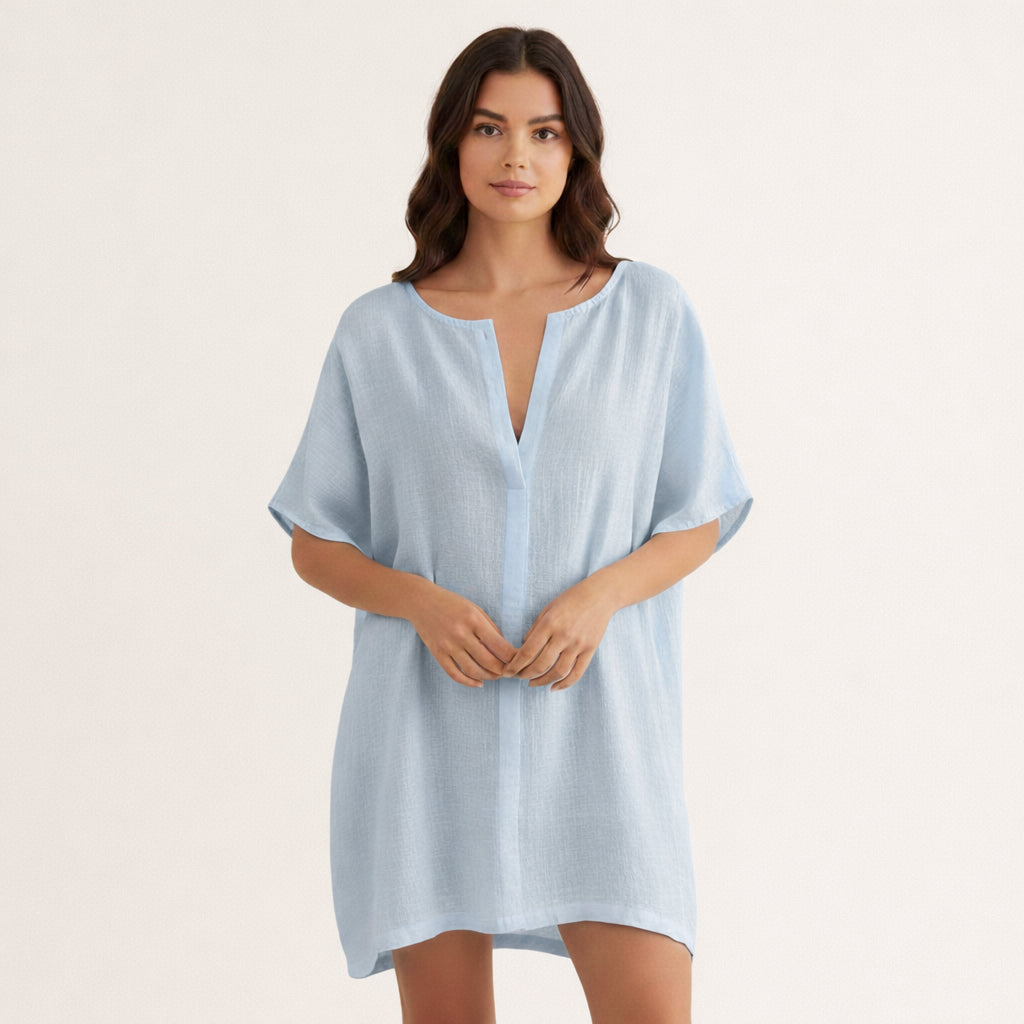 Robe tunique mi-longue en coton léger col V pour femme