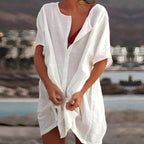 Robe tunique mi-longue en coton léger col V pour femme