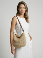 Sac bandoulière tressé en paille avec anse beige pour femme