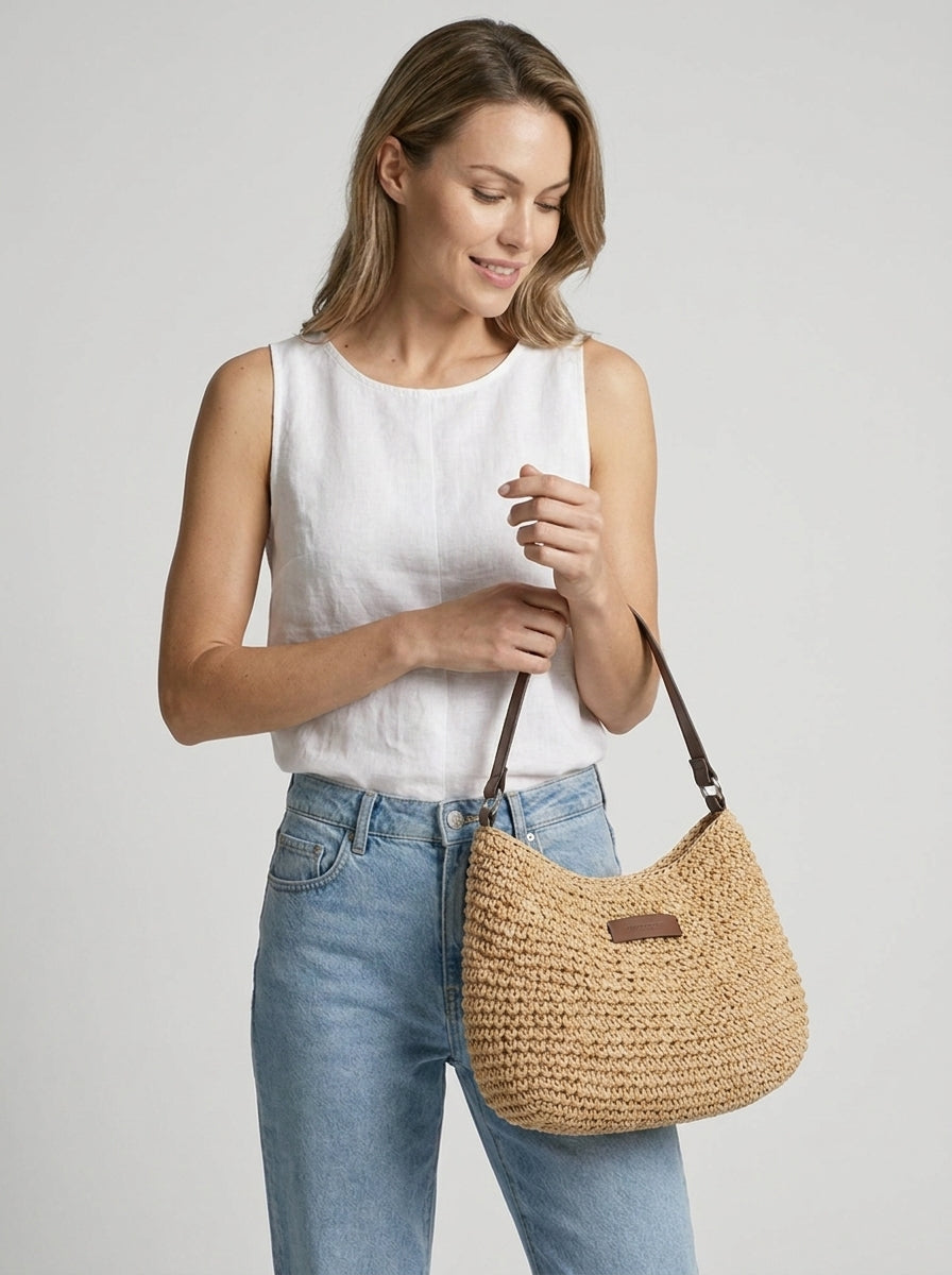 Sac bandoulière tressé en paille avec anse pour femme – vue 3