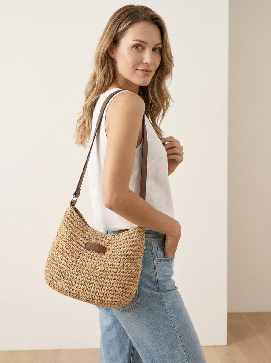Sac bandoulière tressé en paille avec anse kaki pour femme