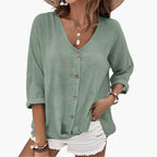 Blouse fluide vert sauge col V boutonnée, vue de face