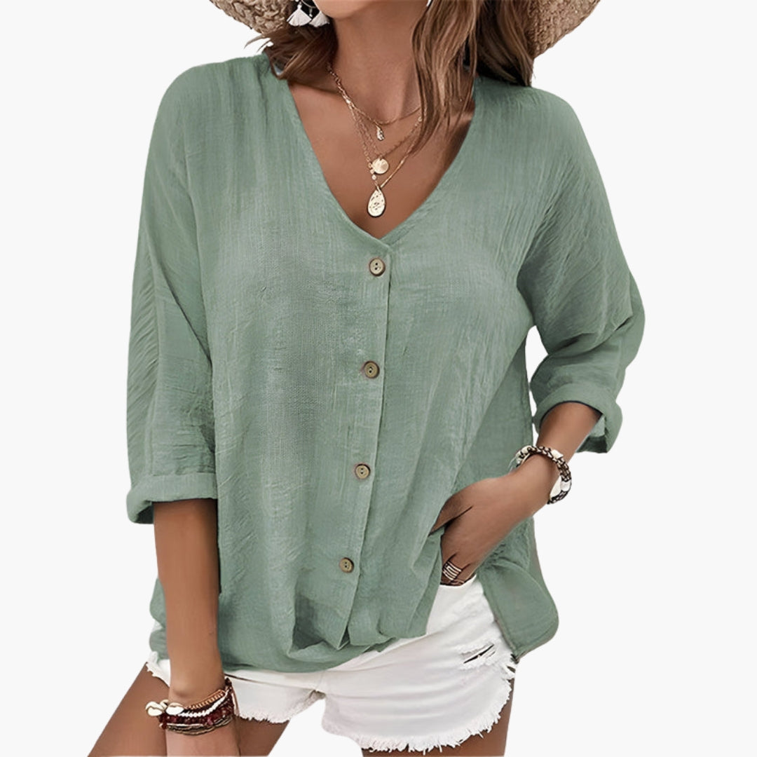Blouse fluide vert sauge col V boutonnée, vue de face