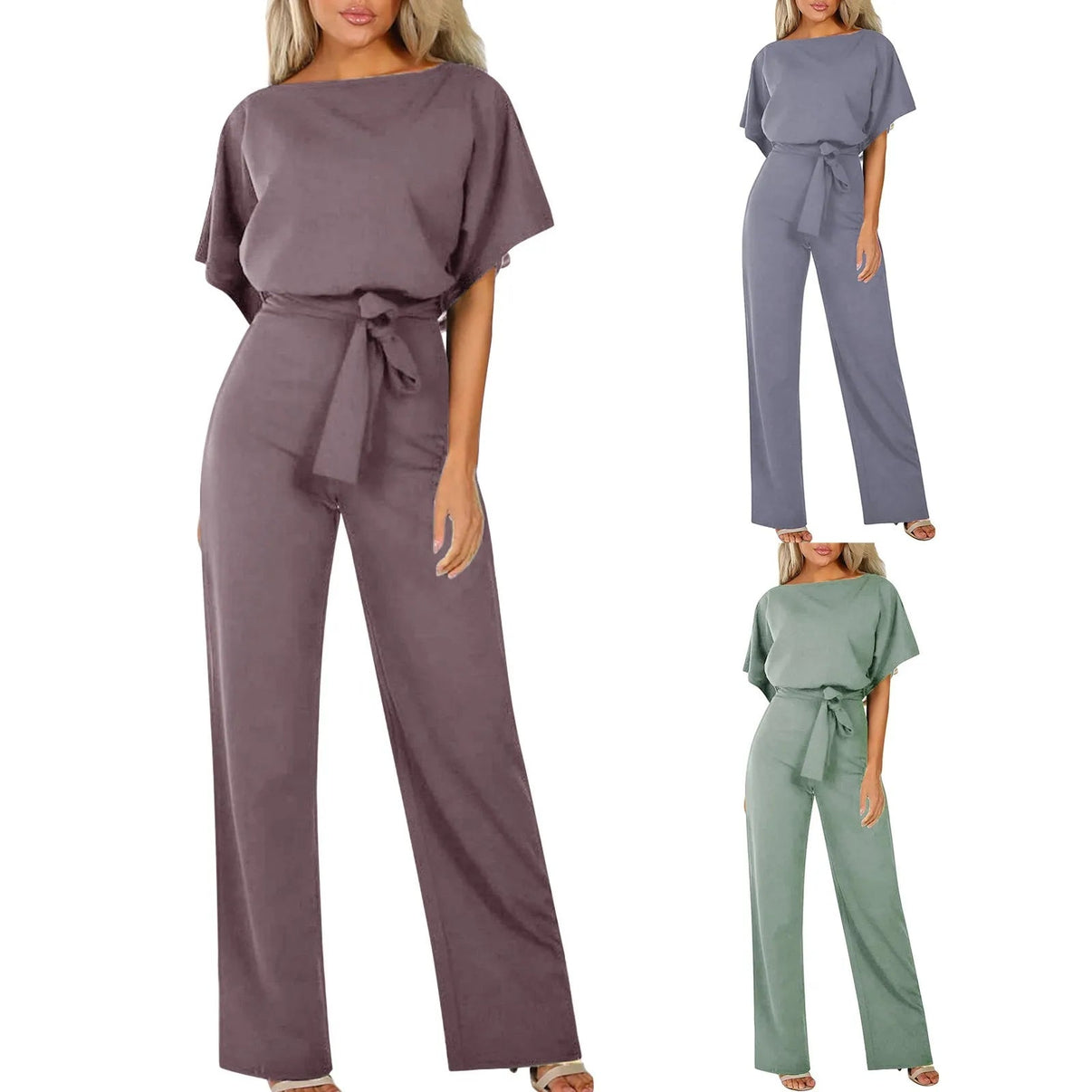 Combinaison pantalon fluide vert sauge, vue plein pied de profil