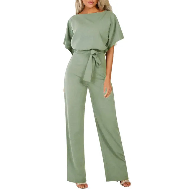 Combinaison pantalon large vert sauge avec ceinture nouée, vue de face