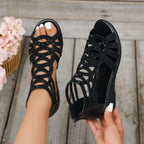 Sandales compensées à motif ajouré et strass noir pour femme